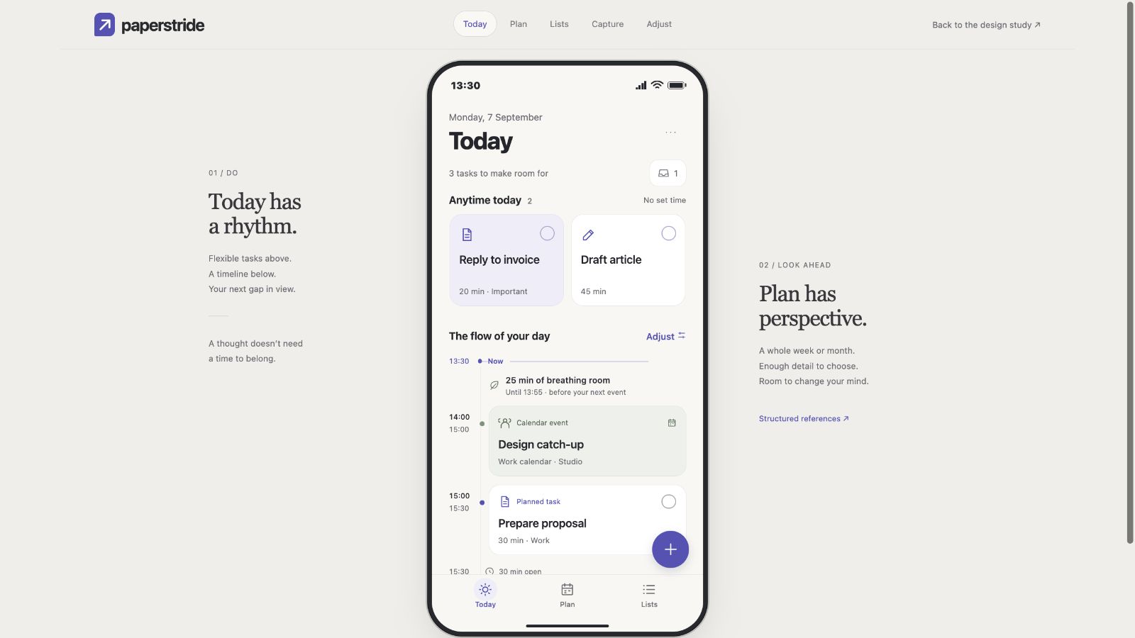Paperstride Today concept showing icon-led flexible tasks, calendar events and planned work on a time rail